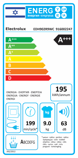 מייבש כביסה פתח חזית ELECTROLUX אלקטרולוקס EDH902R9WC